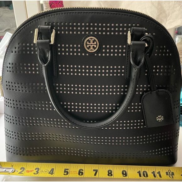 TORY BURCH Robinson Perforated Dome Satchel Black/Birch Handbag - Picture 4 of 6